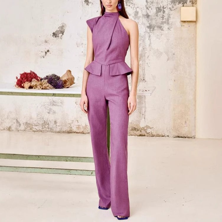 Ärmelloser Jumpsuit mit Schößchen und Rollkragen in Flieder - Oriane