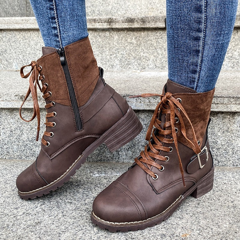 Damen-Schnürstiefel Kunstleder halbhoher, robuster Stil - Thalia