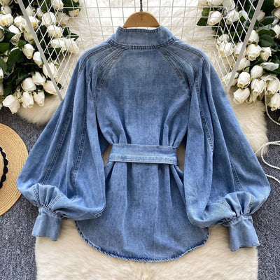 Damen-Jeansbluse mit Puffärmeln und Gürtel - Elara