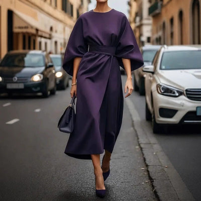 Damen Kleid Fledermausärmel lang elegant gegürtet - Nekta