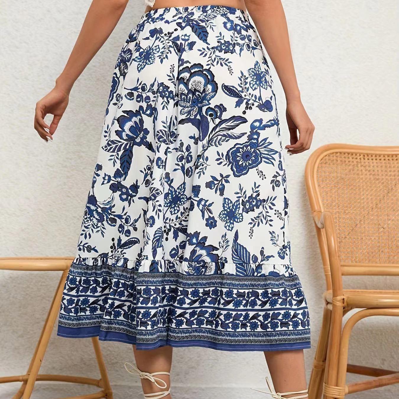 Damen-Midirock aus Baumwolle mit Blumenmuster und ausgestelltem Schnitt - Brigitte