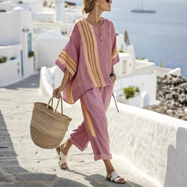 Breit gestreiftes Leinenset im mediterranen Stil für Frauen - Danae
