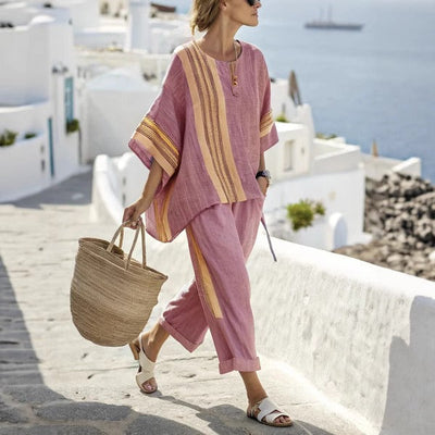 Breit gestreiftes Leinenset im mediterranen Stil für Frauen - Danae