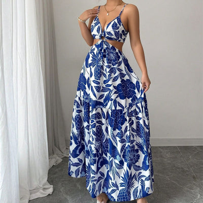 Langes Kleid mit Blumenmuster und ausgeschnittenen Trägern - Moenia