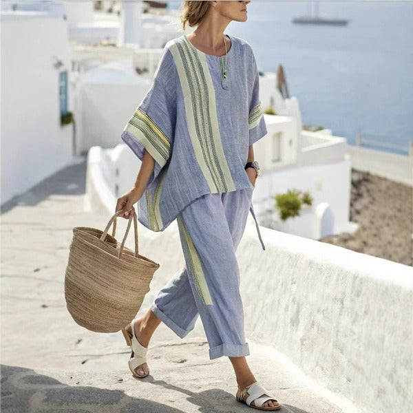 Breit gestreiftes Leinenset im mediterranen Stil für Frauen - Danae