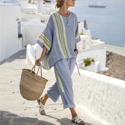 Breit gestreiftes Leinenset im mediterranen Stil für Frauen - Danae