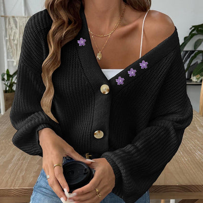 Damen Strickjacke mit V-Ausschnitt und Blumenstickerei mit Puffärmeln - Minerva