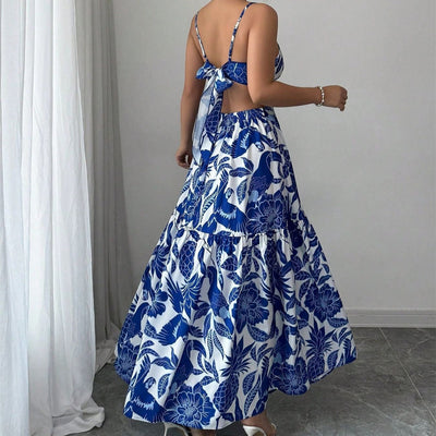 Langes Kleid mit Blumenmuster und ausgeschnittenen Trägern - Moenia
