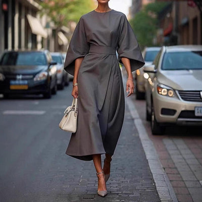 Damen Kleid Fledermausärmel lang elegant gegürtet - Nekta