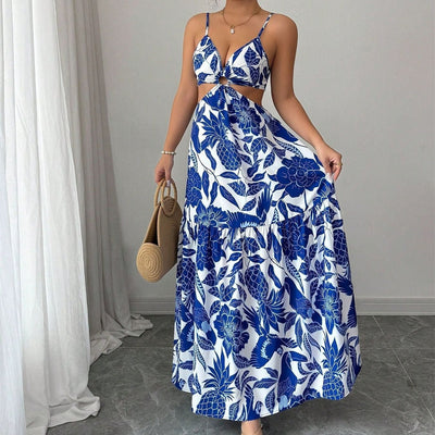 Langes Kleid mit Blumenmuster und ausgeschnittenen Trägern - Moenia