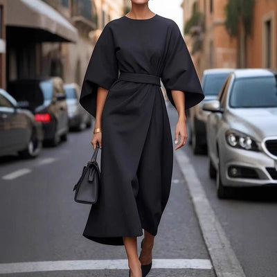 Damen Kleid Fledermausärmel lang elegant gegürtet - Nekta