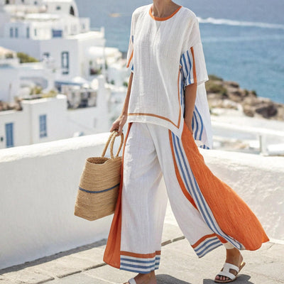 Breit gestreiftes Leinenset im mediterranen Stil für Frauen - Danae