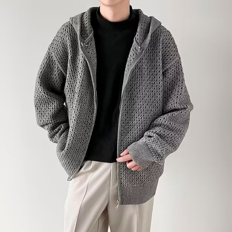 Durchbrochene Herrenstrickjacke mit Kapuze und Reißverschluss - Niro