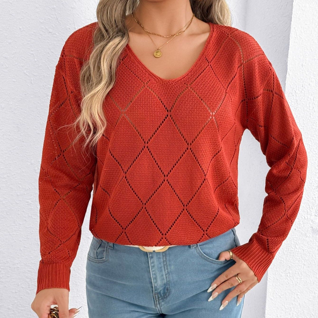 Durchbrochener Damen-Pullover mit V-Ausschnitt und Rautenmuster - Anette