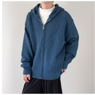 Durchbrochene Herrenstrickjacke mit Kapuze und Reißverschluss - Niro