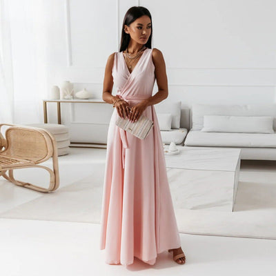 Langes ärmelloses ärmelloses Frauenkleid mit Kreuzausschnitt - Larissa