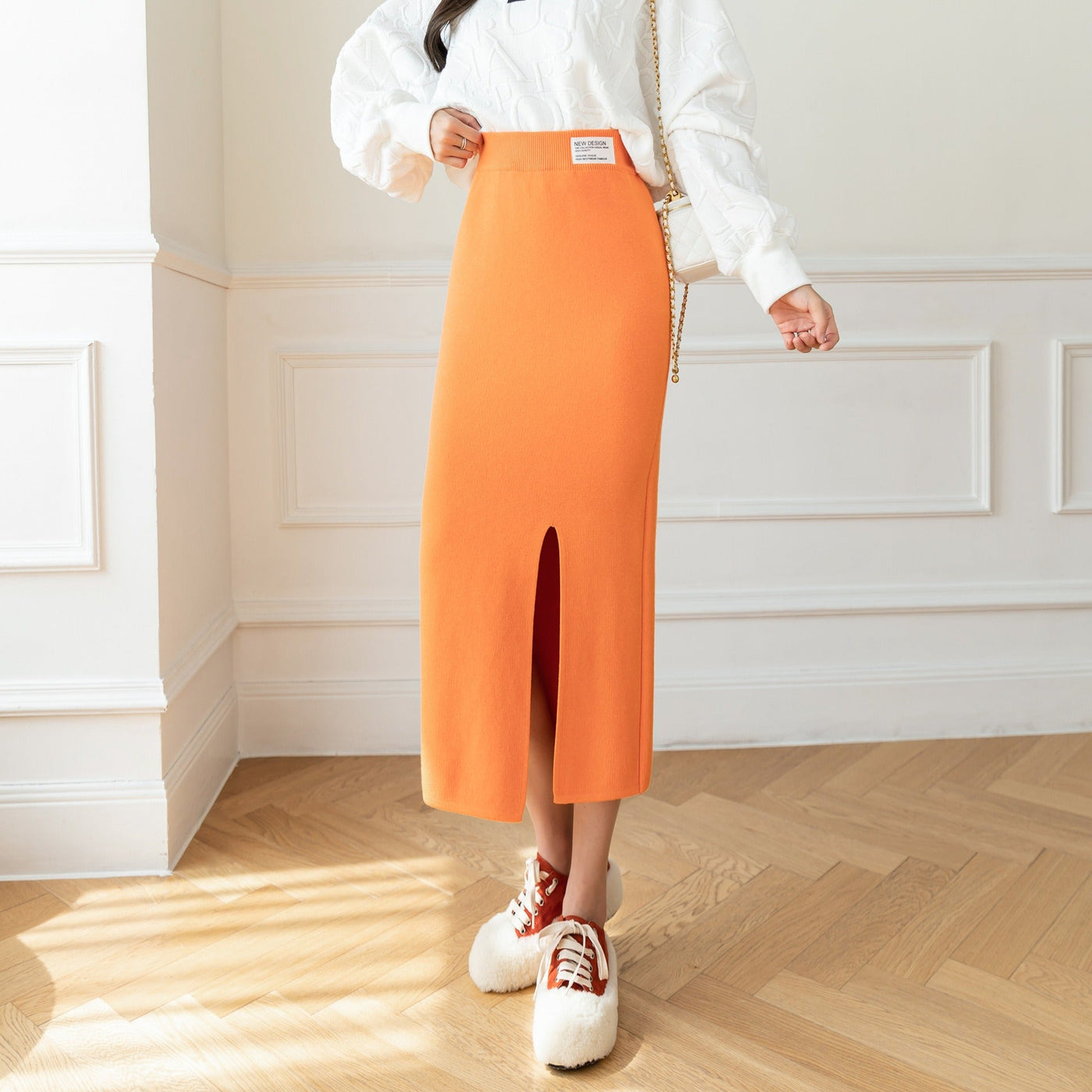 Damen-Midirock aus Stretch-Jersey mit Schlitz vorne, schmale Passform - Élodie