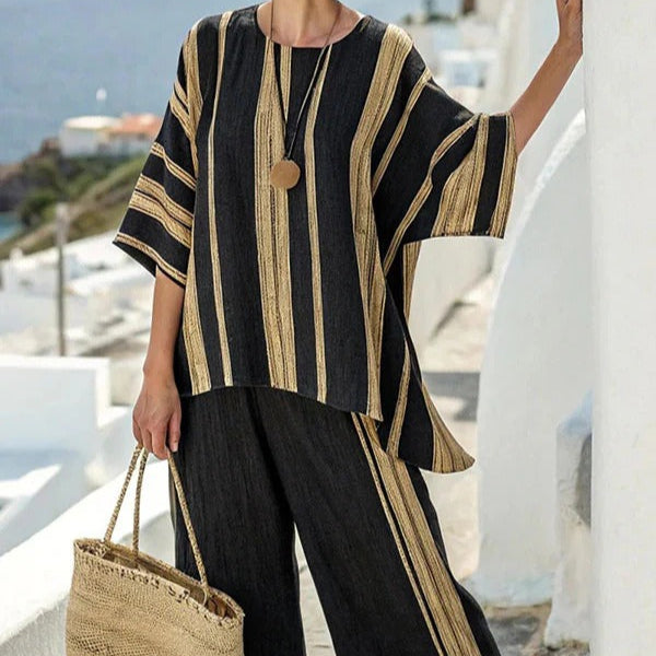 Breit gestreiftes Leinenset im mediterranen Stil für Frauen - Danae