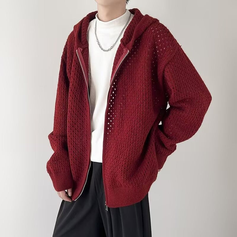 Durchbrochene Herrenstrickjacke mit Kapuze und Reißverschluss - Niro