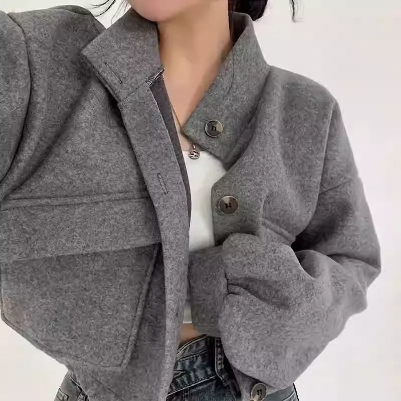 Graue kurze Wolljacke für Frauen - Mauwi