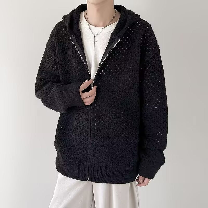 Durchbrochene Herrenstrickjacke mit Kapuze und Reißverschluss - Niro