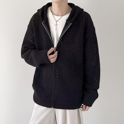Durchbrochene Herrenstrickjacke mit Kapuze und Reißverschluss - Niro