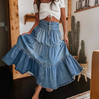 Damen Jeansrock in Midilänge mit hoher Taille und Volant - Nuri