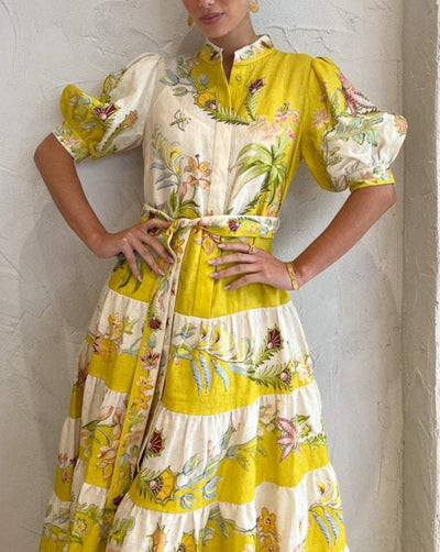 Zireme - gestuftes Midikleid in Zitrone / Creme