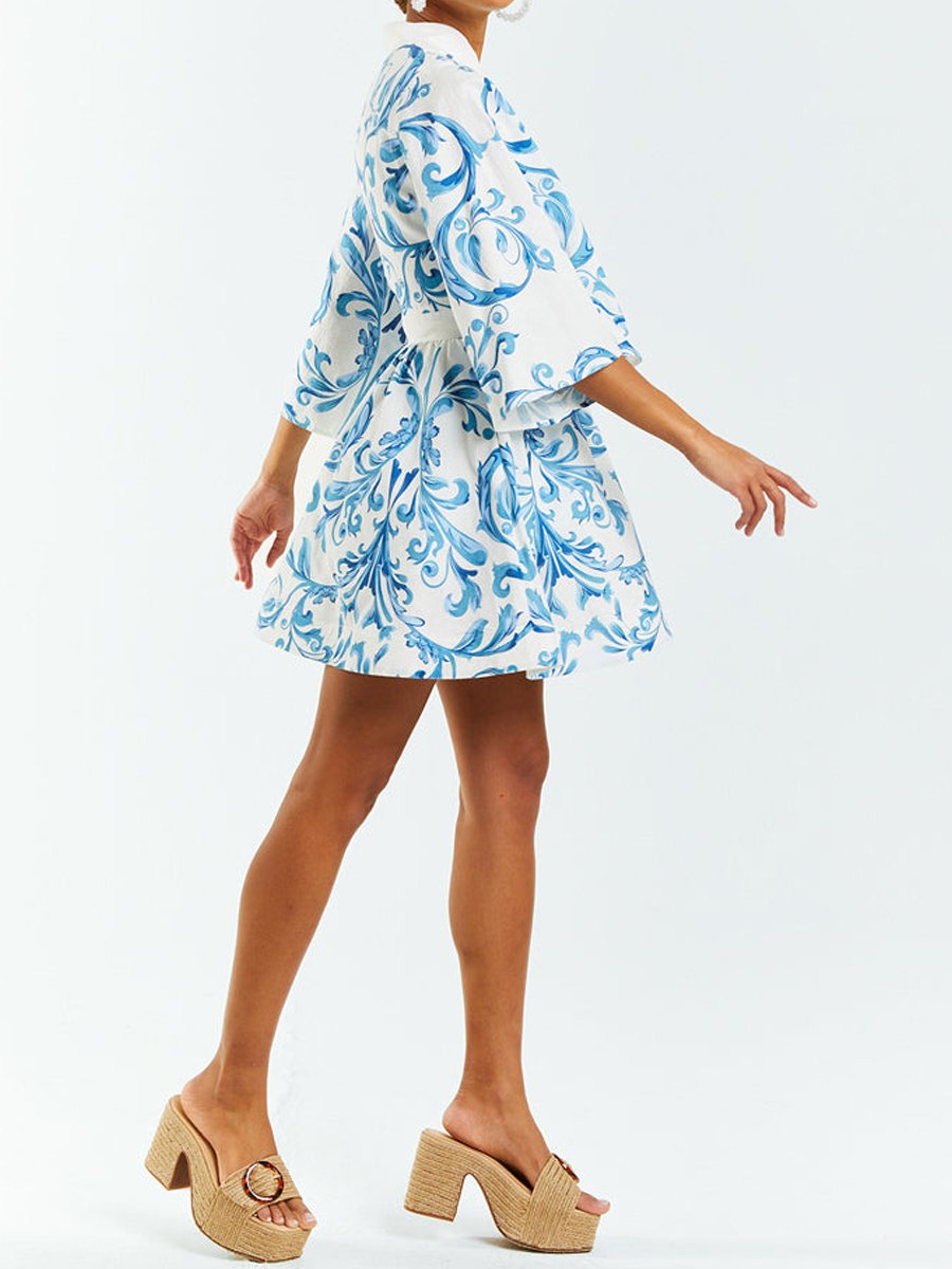 Bella - Bedrucktes Minikleid mit Knopfleiste und Spitze
