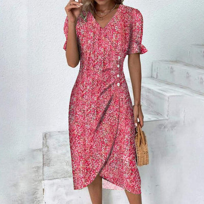 Blaire - Kurzärmeliges Midikleid mit grünem Blumendruck und Knopfleiste