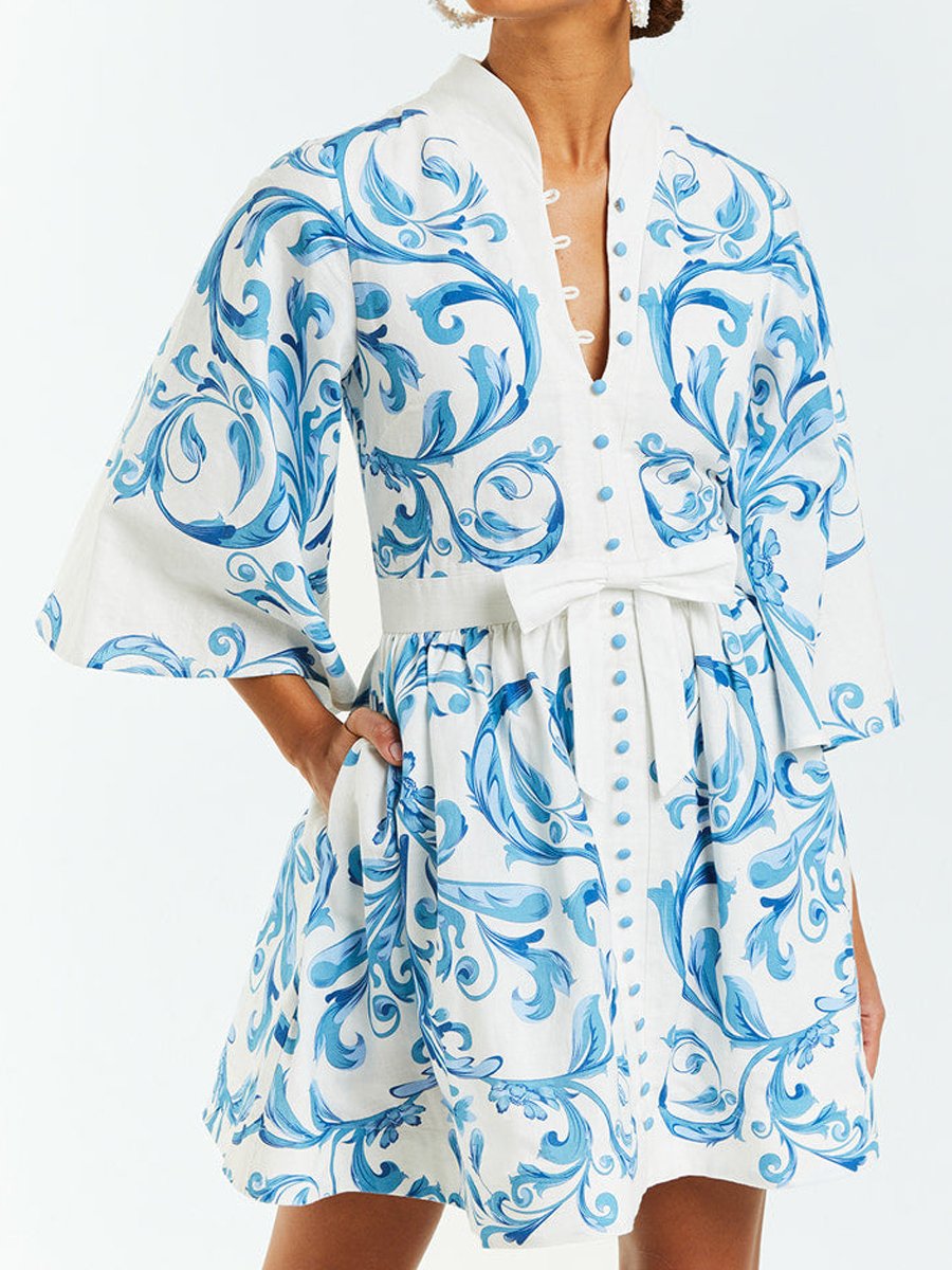 Bella - Bedrucktes Minikleid mit Knopfleiste und Spitze