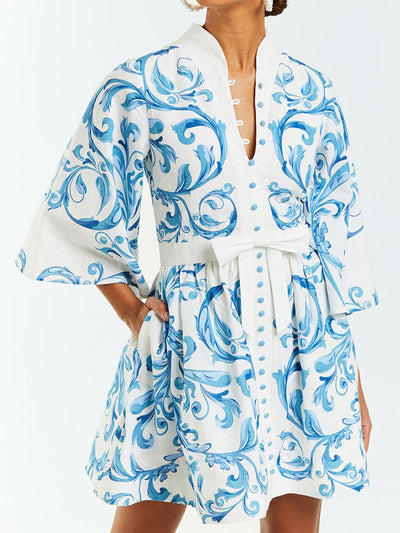 Bella - Bedrucktes Minikleid mit Knopfleiste und Spitze