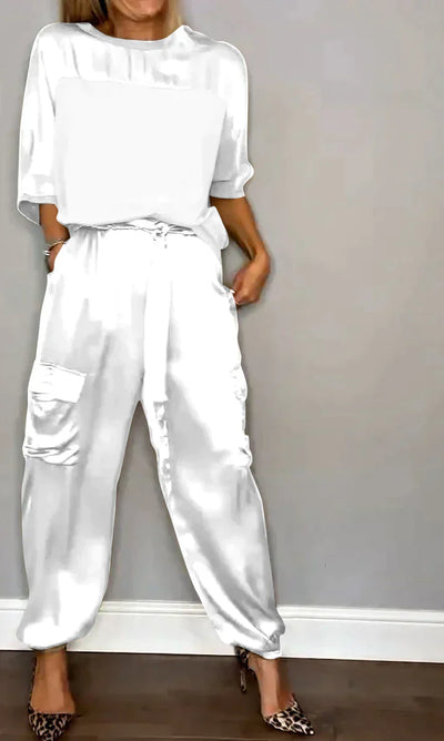 Yana - Zweiteiliger Anzug aus glattem Satin mit halblangem Oberteil und Hose für Damen