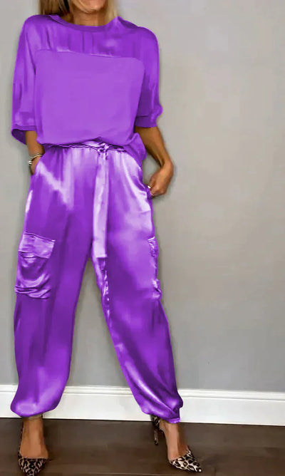 Yana - Zweiteiliger Anzug aus glattem Satin mit halblangem Oberteil und Hose für Damen