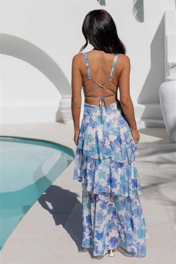 Dominic - Langes Kleid mit Blumenmuster und Rüschen