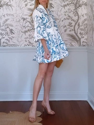 Bella - Bedrucktes Minikleid mit Knopfleiste und Spitze