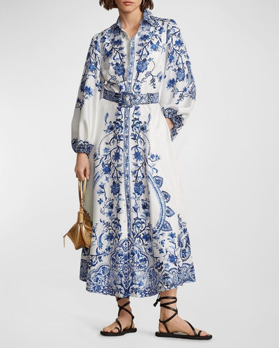 Lucy - Bedrucktes ausgestelltes Midi-Hemdkleid mit Gürtel