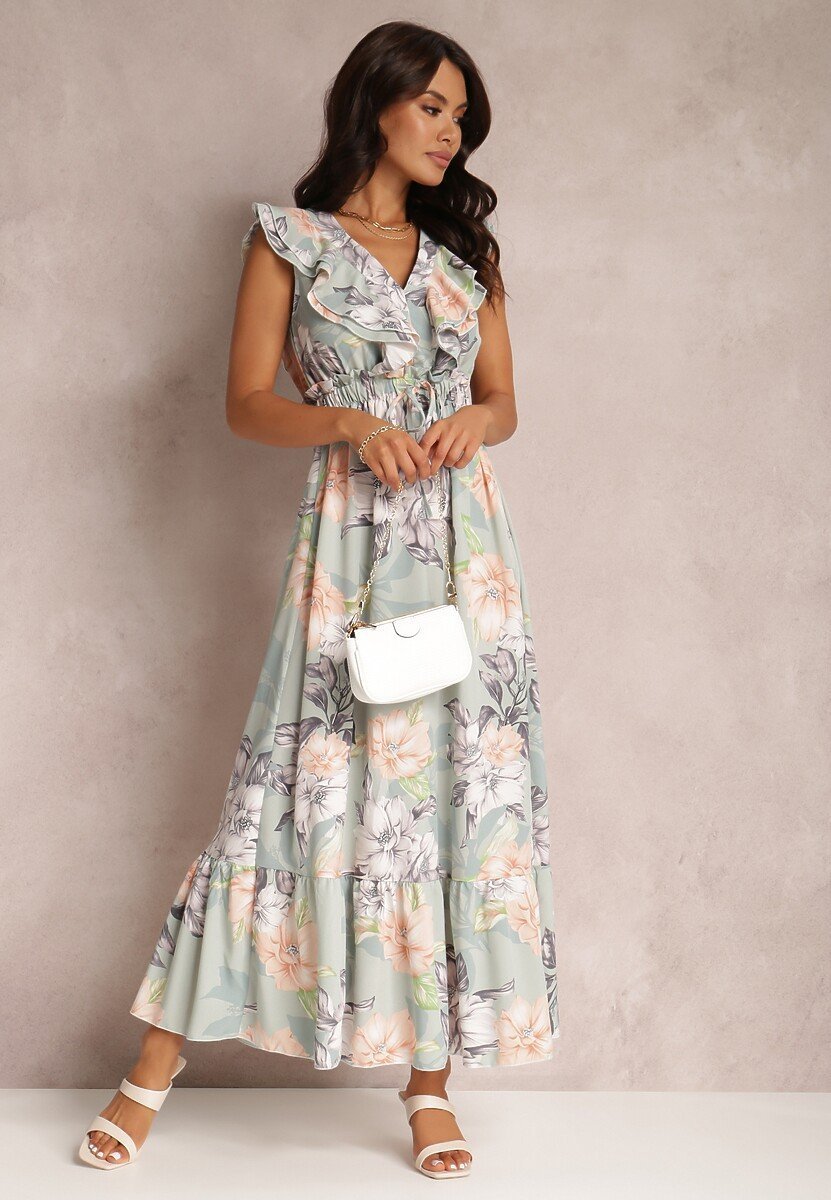 Rhoda - Bedrucktes Maxikleid mit Rüschen und V-Ausschnitt