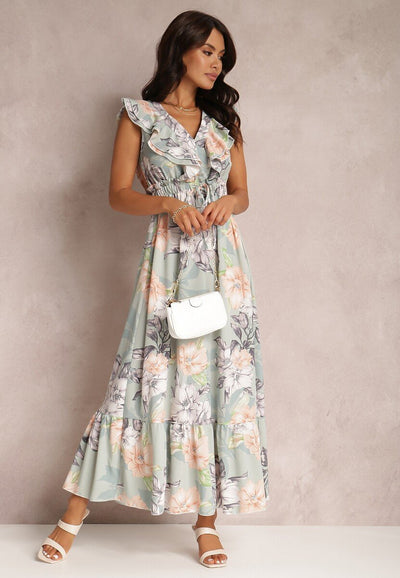 Rhoda - Bedrucktes Maxikleid mit Rüschen und V-Ausschnitt