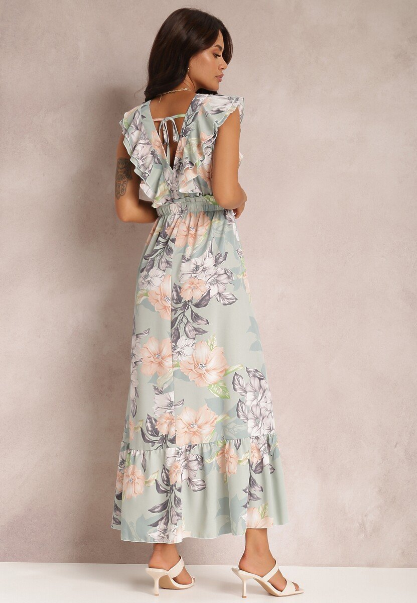 Rhoda - Bedrucktes Maxikleid mit Rüschen und V-Ausschnitt