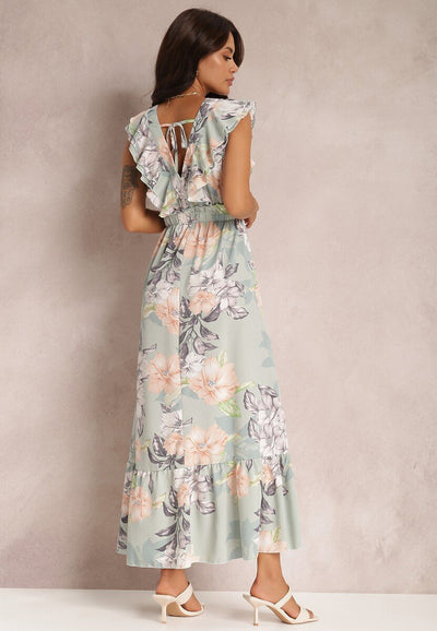 Rhoda - Bedrucktes Maxikleid mit Rüschen und V-Ausschnitt