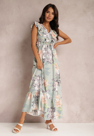 Rhoda - Bedrucktes Maxikleid mit Rüschen und V-Ausschnitt