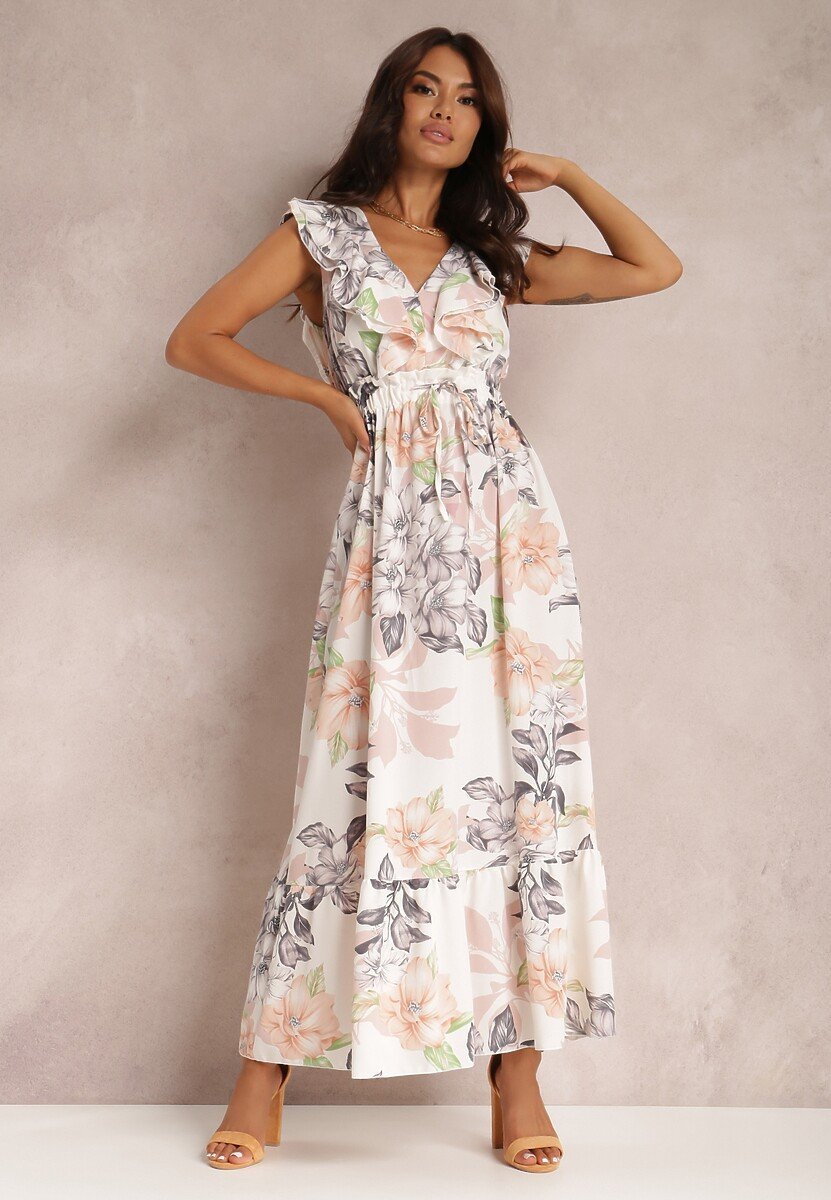 Rhoda - Bedrucktes Maxikleid mit Rüschen und V-Ausschnitt