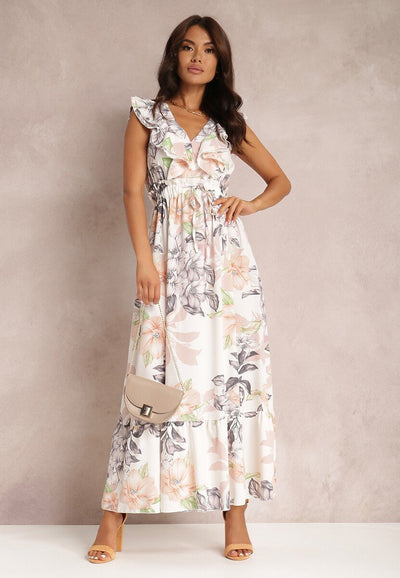 Rhoda - Bedrucktes Maxikleid mit Rüschen und V-Ausschnitt