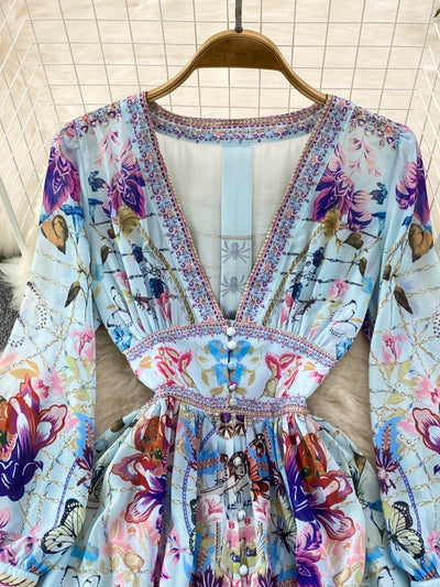 Verola - Einreihiges bedrucktes Kleid mit V-Ausschnitt