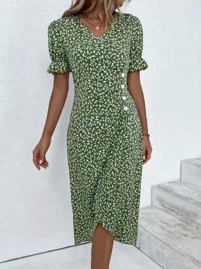 Blaire - Kurzärmeliges Midikleid mit grünem Blumendruck und Knopfleiste
